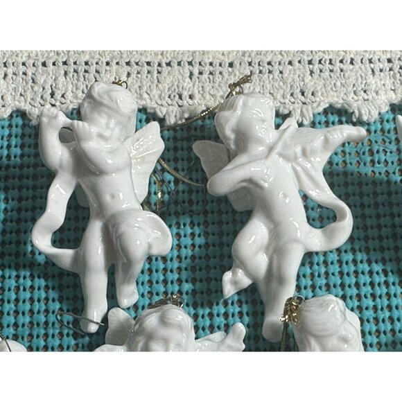 Porcelain Cherub Angel Christmas Ornaments Set White Hanging - Picture 5 of 11